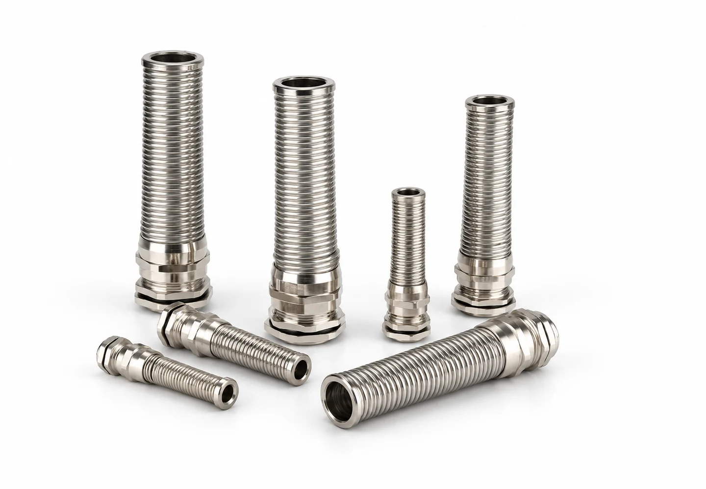 Representative stainless steel flexible conduit sections with metal end fittings based on HUSI catalog products