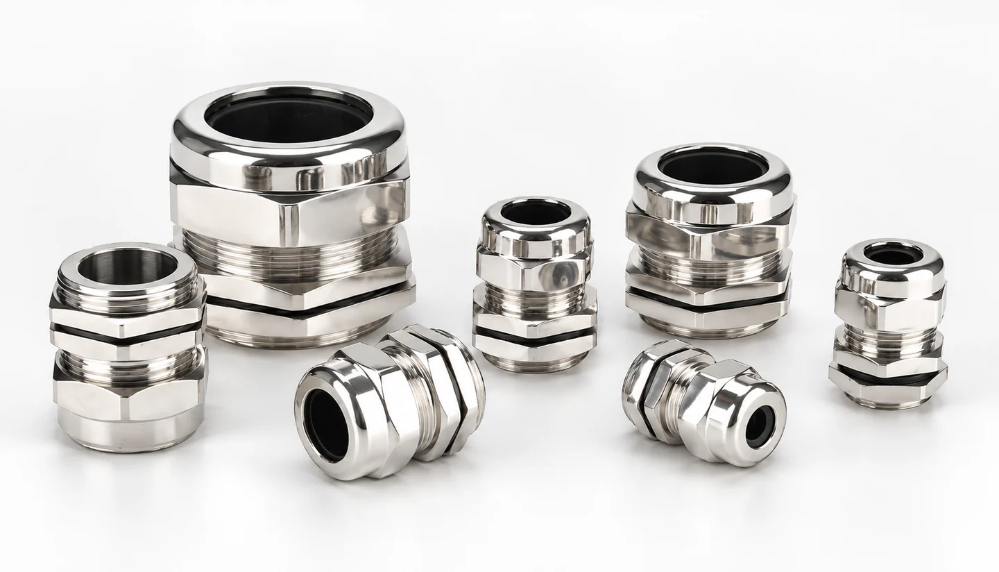 Representative stainless steel cable gland assortment based on HUSI catalog products